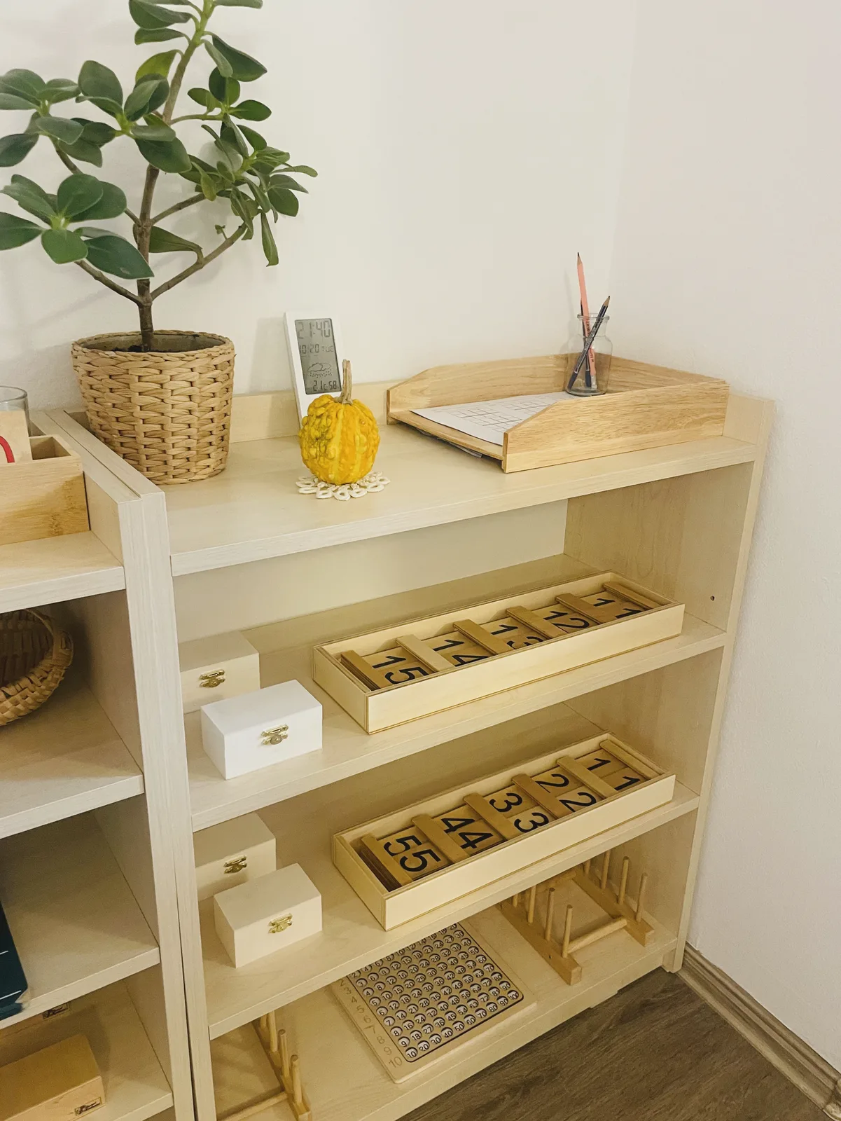Raft cu materiale Montessori de matematică și o plantă, în clasa Arcadia