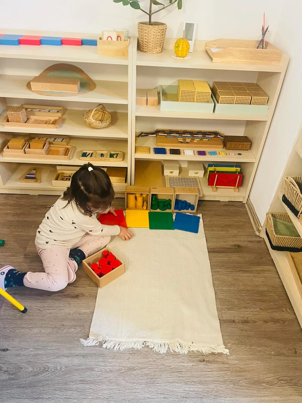 Copil lucrând cu cilindrii colorați în Grupa 3-6 ani, la Arcadia Montessori din Corbeanca