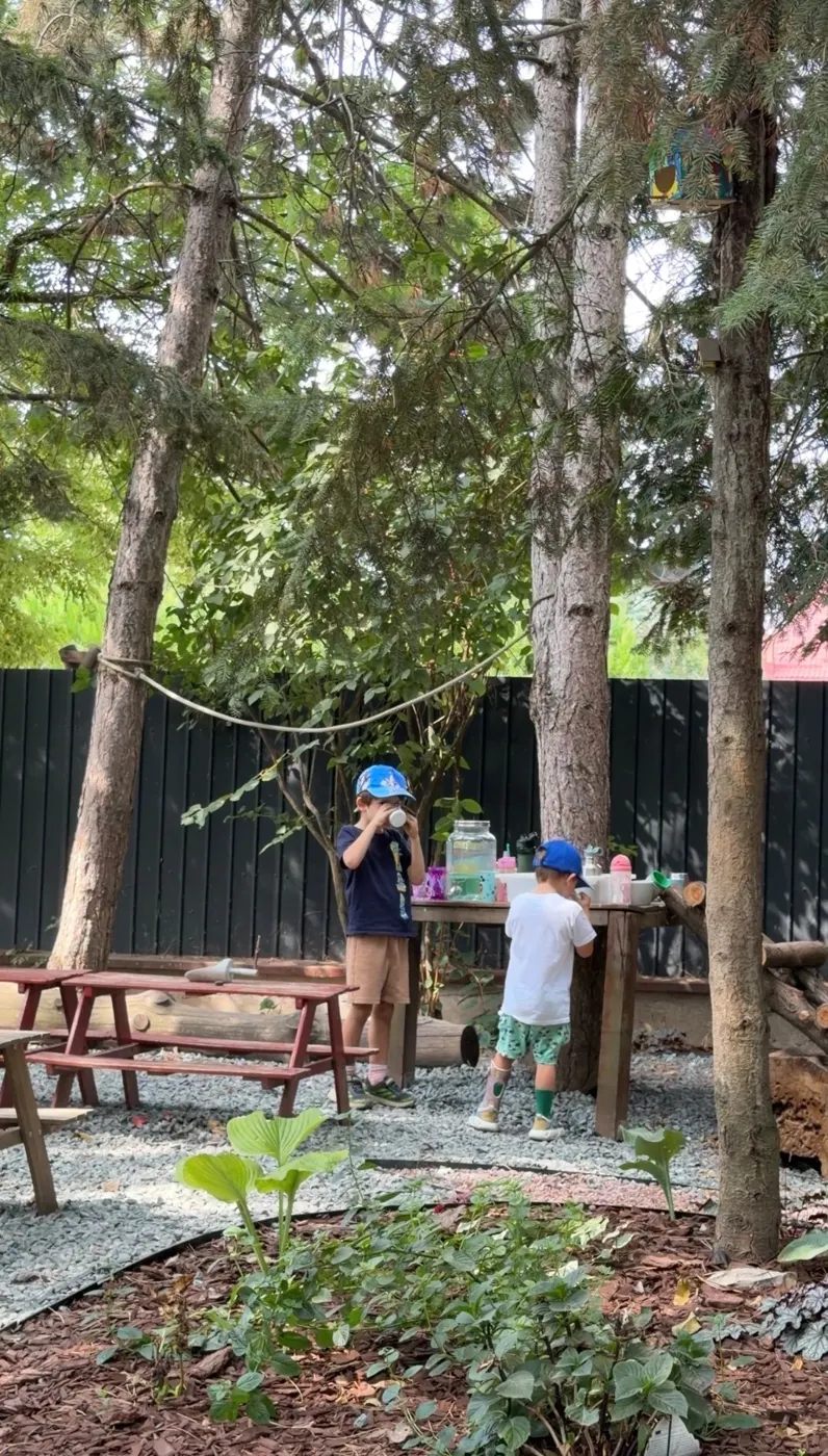 Copii la bucătăria de exterior, printre copacii din grădina Arcadia